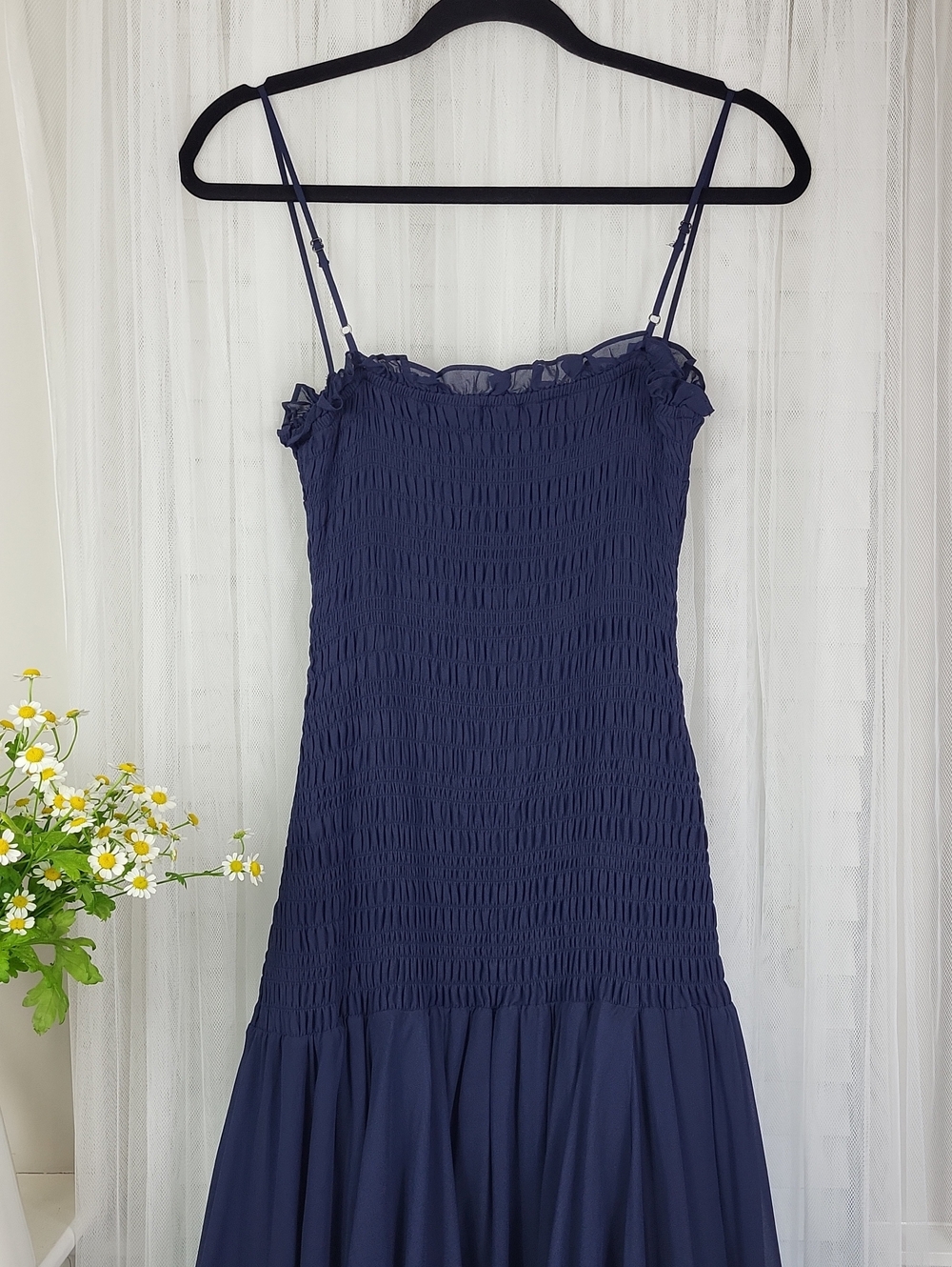 J. Crew Collection Smocked Chiffon Navy Maxi Dress with Spaghetti Straps. Size 8 - Picture 11 of 12
